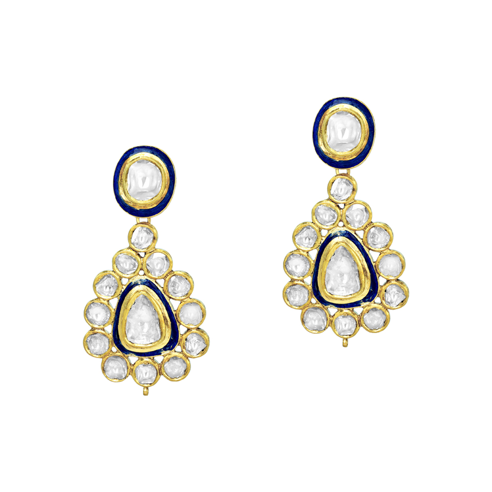 Polki Necklace Set with Blue Enamel and Matching Drop Earrings